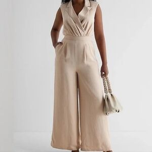 Express Sleeveless Wrap Front Wide-Leg Jumpsuit in Beige